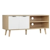 Image de Meuble TV bas sur pied style scandinave 2 portes 2 niches piètement effilé incliné bois panneaux blanc aspect bois