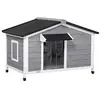 Image de Niche chien style cottage - 2 fenêtres, porte, toit ouvrant bitumé - bois sapin gris