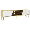 Image de Meuble TV bas sur pied style scandinave 2 portes 2 niches piètement effilé incliné bois panneaux blanc aspect chêne clair