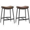 Image de Lot de 2 tabourets de bar Vintage avec repose-pied piètement acier noir assise incurvée tissu marron effet vieilli