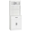 Image de Buffet haut 4 portes étagère niche tiroir coulissant plan de travail poignées métal noir verre trempé MDF blanc