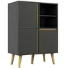 Image de Meuble TV Hi-fi sur pied design scandinave 3 portes 3 étagères 2 niches verre trempé bois gris