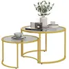 Image de Lot de 2 tables basses gigognes rondes style art déco - acier doré verre trempé 5 mm