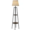 Image de Lampadaire design contemporain 2 étagères intégrées 40 W 166H cm métal noir MDF aspect bois de noyer tissu beige