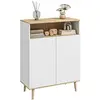 Image de Buffet rangement design scandinave 2 portes étagère niche piètement bois pin panneaux blanc aspect chêne clair