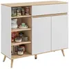 Image de Buffet design scandinave 2 portes tiroir coulissant 4 niches piètement bois de pin panneaux blanc aspect chêne clair