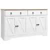 Image de Buffet 2 portes 2 étagères 2 tiroirs style rural chic façades portes à croisillons poignées anneaux métal noir blanc aspect bois