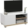 Image de Meuble TV sur roulettes avec 2 freins - 2 niches + placard porte 2 passe-fil - panneaux particules blanc chêne clair