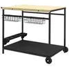 Image de Desserte de jardin chariot pour plancha barbecue en bois et métal avec poignée 2 plateaux 2 paniers et porte-bouteilles