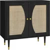 Image de Buffet 2 portes 2 étagères design contemporain cannage rotin panneaux aspect bois noir