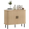 Image de Buffet style scandinave 2 portes coulissantes 4 compartiments acier noir aspect bois clair