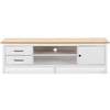 Image de Meuble TV en pin massif décor ciré chêne et blanc, meuble de rangement - Longueur 158 x Profondeur 40 x Hauteur 47 cm--