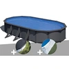 Image de Kit piscine acier gris anthracite Gré Louko ovale 7,44 x 3,99 x 1,22 m + Bâche d'hivernage + Tapis de sol