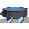 Image de Kit piscine acier gris anthracite Gré Louko ronde 4,80 x 1,22 m + Bâche à bulles + Tapis de sol