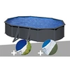 Image de Kit piscine acier gris anthracite Gré Louko ovale 6,34 x 3,99 x 1,22 m + Bâche à bulles + Tapis de sol