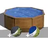 Image de Kit piscine acier aspect bois Gré Pacific ronde 3,70 x 1,22 m + Bâche d'hivernage + Bâche à bulles
