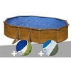 Image de Kit piscine acier aspect bois Gré Pacific ovale 6,34 x 3,99 x 1,22 m + Bâche à bulles + Tapis de sol