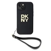 Image de Coque pour iPhone 15 avec Logo Métallisé et Sangle de Poignet Noir