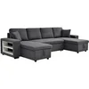 Image de Canapé d'angle panoramique convertible avec rangements et poufs en tissu gris anthracite SELIM