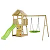 Image de Aire de jeux portique en bois WOODI Double balançoire et nid Ø100cm, toboggan, mur d'escalade, bac a sable, cabane, échelle