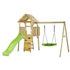 Image de Aire de jeux portique en bois WOODI Double balançoire et nid Ø100cm, toboggan, mur d'escalade, cabane, échelle