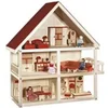 Image de Maison de poupée 3 niveaux 4 poupées 21 meubles en bois naturel et rouge avec balcon dès 3 ans