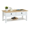 Image de Table basse TEQUILA table de salon rectangulaire style mexicain, avec 2 tiroirs et 1 étagère inférieure, en pin massif blanc et brun
