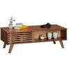 Image de Table basse SEAN table de salon rectangulaire design vintage, 4 niches et des portes coulissantes ajourées, en pin lasuré brun foncé