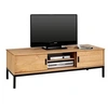 Image de Meuble tv selma banc télévision style industriel design vintage avec 2 portes coulissantes et 3 niches, en pin massif brun clair