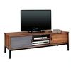 Image de Meuble tv selma banc télévision style industriel design vintage avec 2 portes coulissantes et 3 niches, en pin massif brun foncé