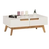 Image de Table basse TIBOR style scandinave design vintage nordique table de salon rectangulaire 2 tiroirs 2 niches pin massif lasuré blanc