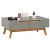 Image de Table basse TIBOR style scandinave design vintage nordique table de salon rectangulaire 2 tiroirs 2 niches en pin massif lasuré gris