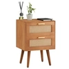 Image de Table de chevet WAMAN petite commode de nuit avec 2 tiroirs, en bois de paulownia lasuré brun et lin naturel, style vintage