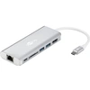 Image de Adaptateur multiport USB-C HDMI 4k30Hz, USB, CR, RJ45, PD, aluminium, argent étend un périphérique USB-C avec un Ethernet, un HDMI, deux USB 3.0 et