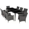 Image de Salon de jardin 8 places, en résine tressée, résistant aux intempéries, housse, table verre, gris, charge chaise 150 kg, assise 5 cm