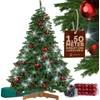 Image de Arbre de Noël artificiel Premium 150cm + boules rouges + guirlande lumineuse blanc froid