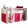 Image de Vipack PINO Lit sureleve en pin massif avec sommier Blanc + Rideau de lit Pink Flower