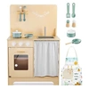 Image de Cuisine Enfant en Bois avec Eclairage LED (Hauteur) 86 x 55 x 29.5 CM+ Tablier & Accessoires en Bois - Four Placard Rideau - CE & EN