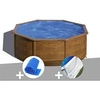 Image de Kit piscine acier aspect bois Gré Sicilia ronde 3,70 x 1,22 m + Bâche à bulles + Tapis de sol