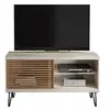 Image de Meuble TV 50 Pouces Blanc et Chêne 1 Porte 3 Niches Pieds Métal L 120 H 65 P 33 cm - L 120 x l 33 x H 65 cm