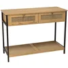 Image de Console marron 2 tiroirs 1 étagère cannage effet pieds métal noir