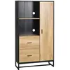 Image de Buffet haut porte 3 étagères 2 tiroirs 2 niches acier noir bois clair