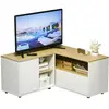 Image de Meuble TV d'angle 2 portes 3 niches aspect bois chêne clair blanc