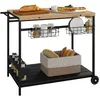 Image de Desserte de jardin chariot pour plancha bois métal 2 plateaux paniers