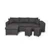 Image de Canapé d'angle convertible avec coffre et poufs en tissu - gris foncé