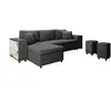 Image de Canapé d'angle convertible et poufs en tissu - gris foncé