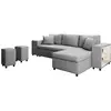 Image de Canapé d'angle convertible et poufs en tissu - gris clair