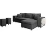 Image de Canapé d'angle convertible et poufs en tissu - gris foncé