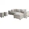 Image de Canapé d'angle convertible et poufs en tissu - beige
