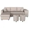 Image de Canapé d'angle convertible avec coffre et poufs en tissu - beige